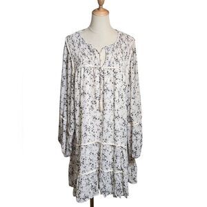Blue Rain Off White Black Floral Print Long Sleeve Babydoll Dress Plus Size